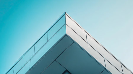 A striking capture of a modern architectural corner showcasing sleek lines and geometric precision set against a clear blue sky, embodying contemporary design aesthetics.の素材