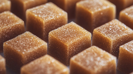 A close-up image of precisely arranged brown sugar cubes that showcases their unique texture and appealing color, perfect for culinary and food photography projects.の素材