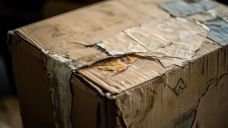 Detailed close-up image of a damaged cardboard box showing signs of wear and tear. The texture highlights the effects of shipping and handling on packaging material.の素材