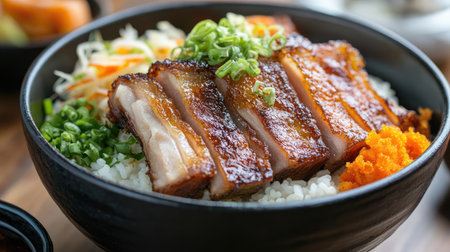 A vibrant rice bowl featuring crispy grilled pork slices, fresh vegetables, and bright fish roe. A delightful meal for any food lover or culinary enthusiast.の素材