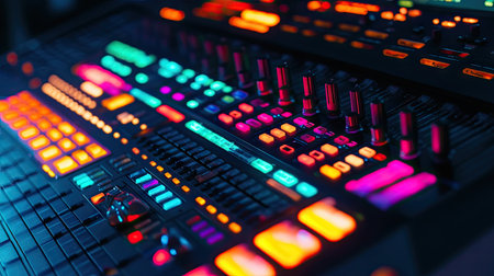 Close-up view of vibrant and illuminated electronic music equipment, showcasing the intricate details of a sound mixing console and its colorful buttons and knobs.の素材
