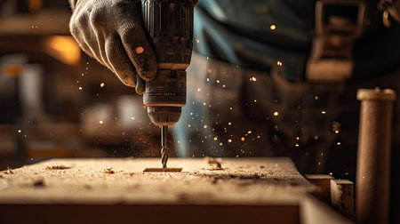 A skilled worker operates a power drill on a wooden surface in a workshop, creating dust and sparks. This image captures the essence of craftsmanship and creativity.の素材