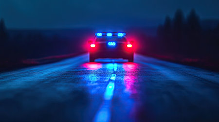 A striking night image featuring a police car with vibrant blue and red lights illuminating a wet road. The scene evokes feelings of tension and drama in an urban setting.の素材