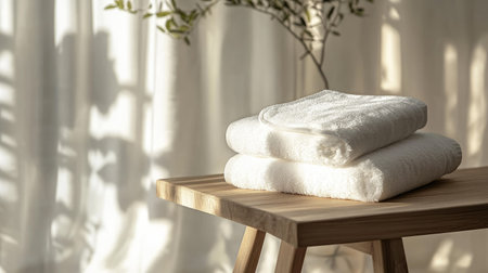 A peaceful scene featuring soft white towels stacked on a wooden table, illuminated by natural light that creates a calming atmosphere perfect for spa or home settings.の素材