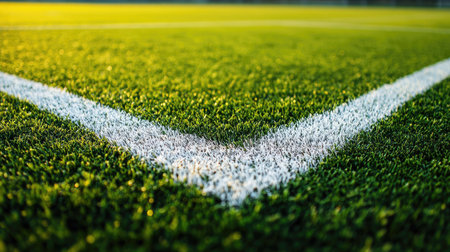 A detailed close-up view showcasing freshly cut green grass on a football field, highlighted by crisp white boundary lines and golden sunlight, embodying sport passion.の素材