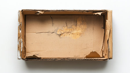 A worn empty cardboard box with cracked edges and visible signs of use, perfect as a background or prop for creative projects related to recycling and sustainability.の素材
