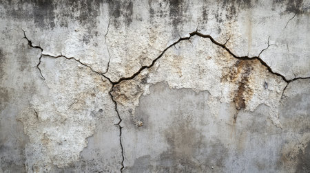 Close-up view of a cracked concrete wall showcases the intricate textures and patterns formed by aging and weathering, ideal for various design applications.の素材
