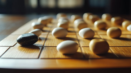 Close-up view of a Go game board showcasing black and white stones strategically positioned, illuminated by natural light, perfect for a moment of concentration and strategic play.の素材
