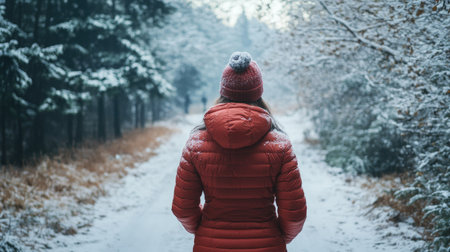 A young woman in a vibrant red jacket walks down a snow-dusted path in a tranquil winter forest, embodying the spirit of adventure and serenity in nature.の素材