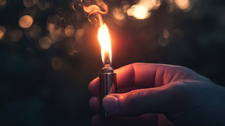A captivating image of a hand holding a lighter with a flame dancing in the evening light. The bokeh background enhances the warmth and energy of the moment.の素材