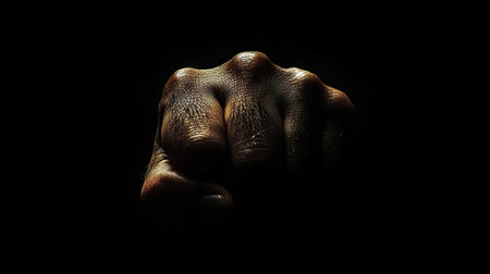 A powerful image of a clenched fist illuminated against a dark background, showcasing themes of strength, resilience, and determination in a striking visual contrast.の素材