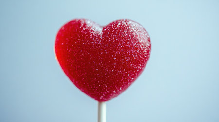 A bright red heart-shaped lollipop glistens with sugar coating, perfect for romantic occasions, celebrations, or as a playful treat, set against a soft blue background.の素材