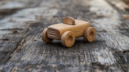 A charming wooden toy car resting on a rustic wood surface. Perfect for children, this eco-friendly toy promotes imaginative play with its simple design and natural materials.の素材