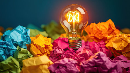 This vibrant image features a glowing light bulb surrounded by colorful crumpled paper. It symbolizes creativity and innovation, perfect for design and artistic projects.の素材