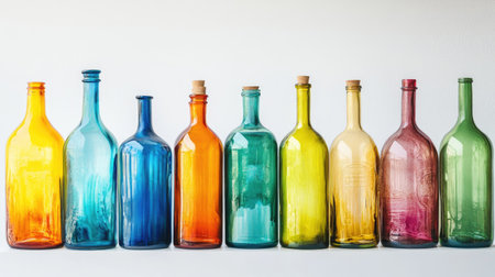 This image showcases a stunning array of colorful glass bottles in various shapes and sizes, arranged harmoniously. Perfect for inspiring home decor or artistic projects.の素材