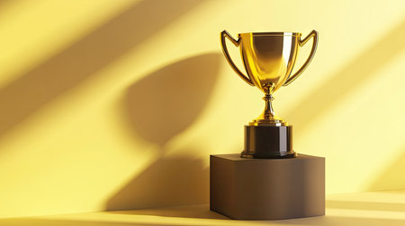 A shining golden trophy sits proudly on a modern pedestal, casting sharp shadows against a bright yellow backdrop, representing achievement and celebration in competitions.の素材