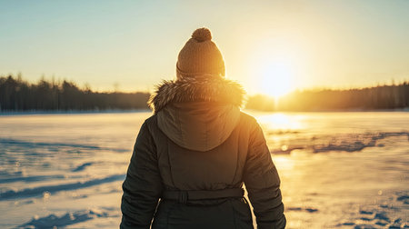 A peaceful scene showing a person in a warm winter coat standing by a frozen lake as the sun rises, illuminating the snowy landscape and surrounding trees in soft light.の素材