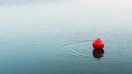 A vibrant red buoy floats serenely on the still surface of the water, sending gentle ripples outward, creating a peaceful and tranquil atmosphere in nature.の素材