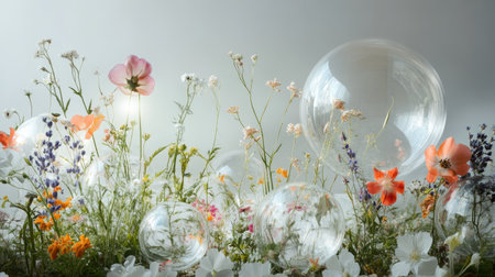 This captivating image showcases a blend of delicate wildflowers and transparent bubbles, creating a serene and dreamy atmosphere perfect for various creative projects.の素材