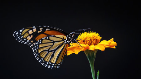 A stunning close-up of a vibrant monarch butterfly delicately perched on a bright orange marigold flower. The striking contrast against the black background highlights the beauty of nature.の素材