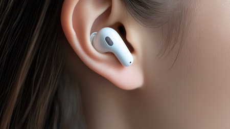 This close-up image showcases a modern wireless earbud placed in a human ear, emphasizing the intersection of technology and daily living for enhanced audio enjoyment.の素材