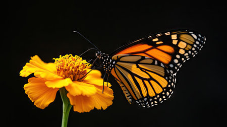 A striking image of a monarch butterfly delicately resting on a vivid yellow marigold flower, showcasing the intricate details of its wings and bright colors.の素材