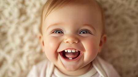 This image captures a joyful baby with a bright smile and sparkling eyes, radiating happiness and innocence. Ideal for family-themed projects or child-related content.の素材