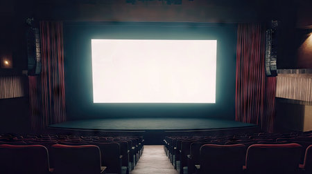 A spacious and empty theater hall features a large projection screen and plush red seating, creating an inviting space for film viewings or special events.の素材
