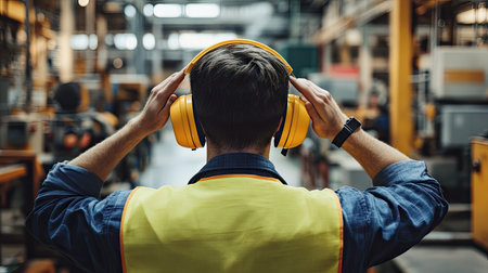 A male worker in a yellow safety vest listens attentively through headphones in an industrial setting, highlighting the importance of sound awareness and safety in the workplace.の素材