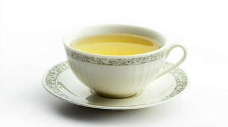 A beautifully crafted porcelain cup filled with herbal tea rests on a matching saucer, embodying elegance and serenity, perfect for moments of relaxation.の素材