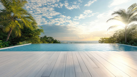 Explore this serene scene featuring an infinity pool at sunset, surrounded by lush greenery and tropical palm trees. Perfect for relaxation and vacation inspiration.の素材