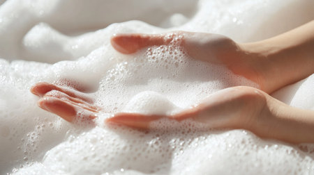 A close-up view of soft hands immersed in abundant foamy bubbles, showcasing the essence of relaxation and gentle cleansing for a calming spa-like experience.の素材