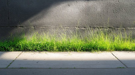 A vibrant patch of green grass grows alongside a gray sidewalk, beautifully contrasting with a dark wall and casting soft shadows under sunlight, showcasing urban nature.の素材