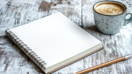 A cozy workspace featuring a blank sketchbook, a warm cup of coffee, and a pencil on a rustic wooden table, inviting creativity and moments of inspiration.の素材