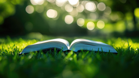 An open book lies on lush green grass, surrounded by a serene nature backdrop. The blurred lights create a magical atmosphere for reading and reflection.の素材