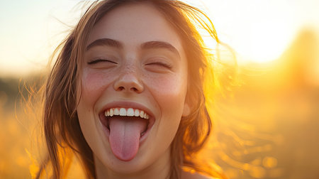 A woman joyfully sticking out her tongue radiates happiness during the golden hour, surrounded by nature, capturing a moment of carefree bliss and youth.の素材