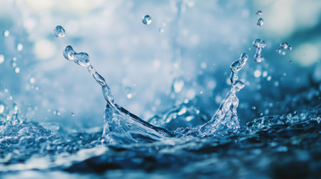 A stunning close-up image showcasing water splashes and droplets in a mesmerizing blue background, highlighting the tranquility and beauty of natural fluid dynamics.の素材