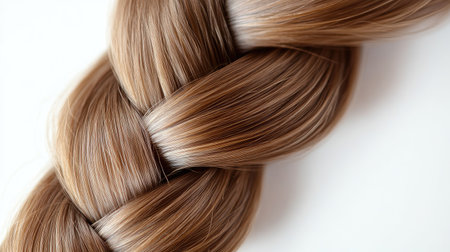 A stunning close-up view of a carefully braided hairstyle featuring rich brown hues and golden highlights, showcasing the smooth and shiny texture of the hair.の素材