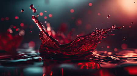 A captivating splash of red liquid in water creates a stunning visual effect, highlighted by a soft bokeh background, ideal for artistic and abstract projects.の素材