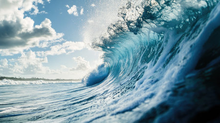 A stunning close-up of a vibrant ocean wave, capturing the energy of water as it crashes, with sparkling foam against a bright sky. Perfect for nature themes.の素材
