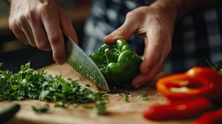A chef skillfully slices a fresh green bell pepper on a wooden cutting board, surrounded by herbs and colorful peppers, illustrating vibrant kitchen activity.の素材