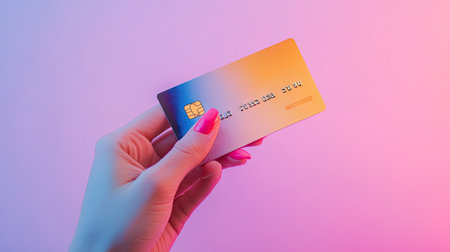 A close-up image of a hand holding a modern credit card against a colorful background, symbolizing financial transactions and the rise of digital payment solutions.の素材