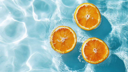 Experience the essence of summer with vibrant orange slices floating gracefully in clear blue water, creating an inviting and refreshing atmosphere perfect for food photography.の素材