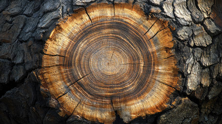 This image captures the intricate details of a tree stump cross-section, highlighting the growth rings and warm wood tones that tell a story of life and nature.の素材