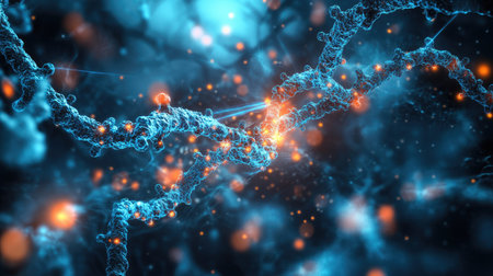 Dive into this abstract digital representation of a molecular structure, blending blue and orange hues to illustrate the beauty of scientific interactions and energy dynamics.の素材