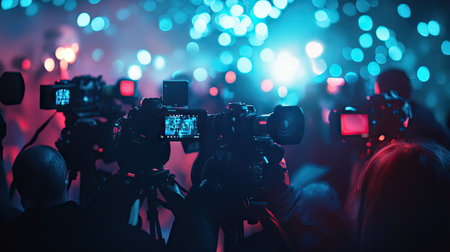 This captivating image showcases a lively event where cameras are focused on the action, surrounded by colorful lights and an engaged audience.の素材