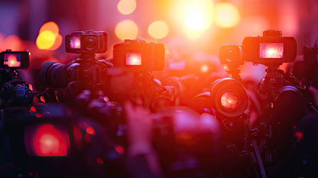 A striking composition of cameras amidst vivid lights, capturing the excitement of an event. The dynamic scene highlights the art of photography and media.の素材