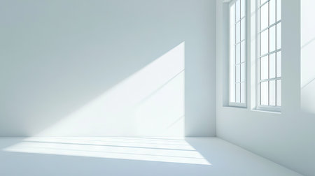 A serene and bright interior space showcasing large windows that allow natural light to create beautiful shadows on white walls and the floor, ideal for modern design.の素材