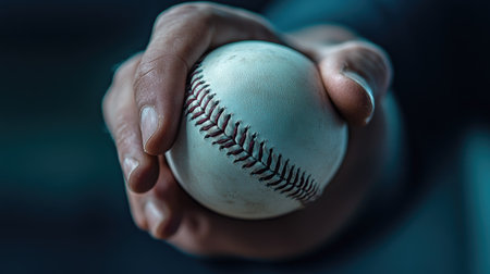 A detailed close-up of a hand gripping a baseball, showcasing the intricate stitching and texture. The blurred dark background highlights the focus on sports and recreation.の素材