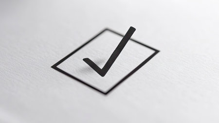 A black check mark elegantly placed within a white boxed outline on textured paper. This minimalist design captures the essence of accomplishment and verification.の素材